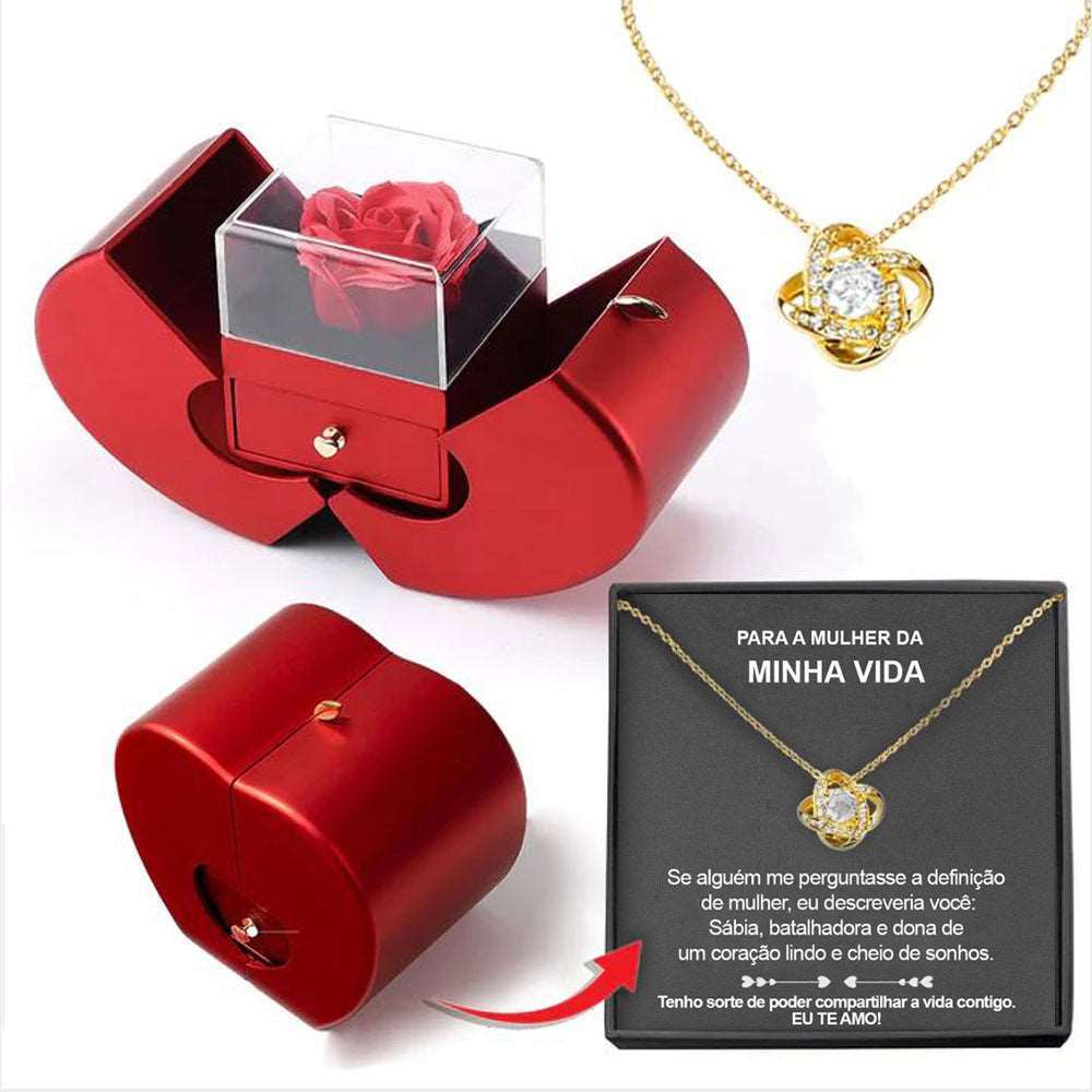 Fashion Jewelry Box Red Apple Christmas Gift Necklace Eternal Rose For Girl Mother's Day Valentine's Day Gifts With Artificial Flower Rose Flower Jewelry Box - Amour Doux Fine Jewelry 