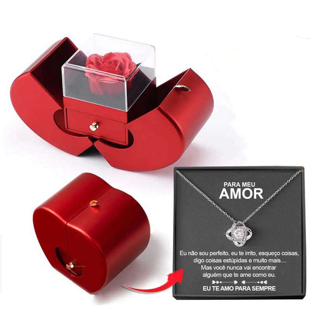 Fashion Jewelry Box Red Apple Christmas Gift Necklace Eternal Rose For Girl Mother's Day Valentine's Day Gifts With Artificial Flower Rose Flower Jewelry Box - Amour Doux Fine Jewelry 