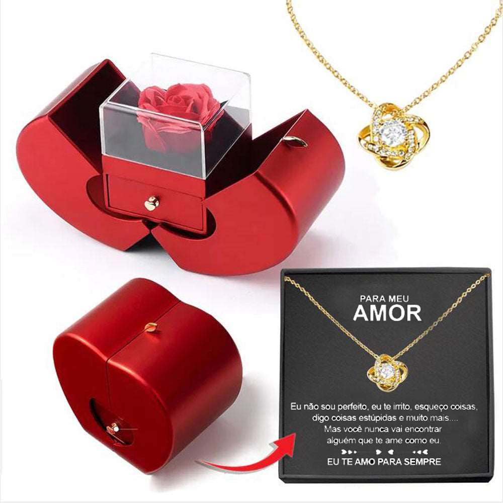 Fashion Jewelry Box Red Apple Christmas Gift Necklace Eternal Rose For Girl Mother's Day Valentine's Day Gifts With Artificial Flower Rose Flower Jewelry Box - Amour Doux Fine Jewelry 