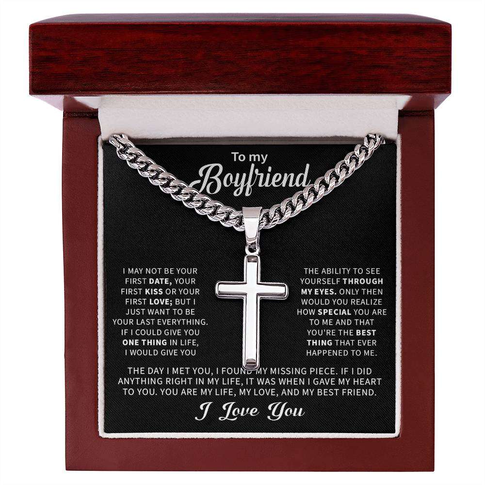 To My Boyfriend - Personalized Cross Necklace on Cuban Chain With Message Card - Amour Doux Fine Jewelry 